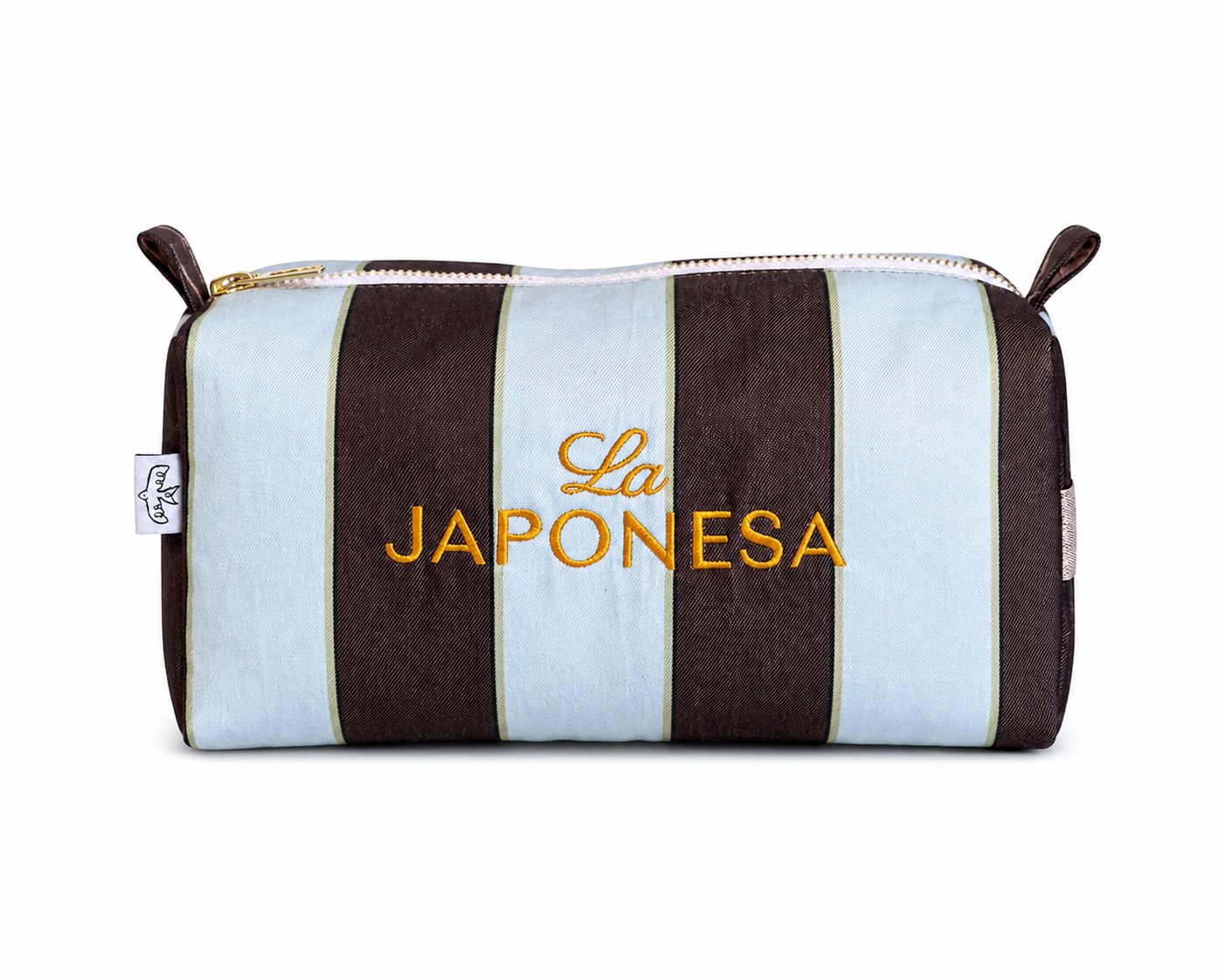 Cosmetiquero rayas café y celeste con bordado La Japonesa vista frontal