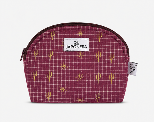 Mini pouch Arizona burdeo estampado con cierre fucsia vista frontal