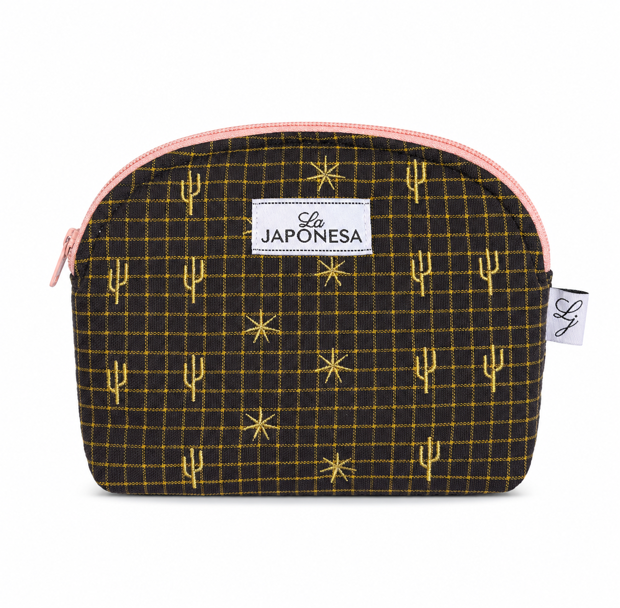 Mini pouch Arizona café estampado con cierre rosa vista frontal