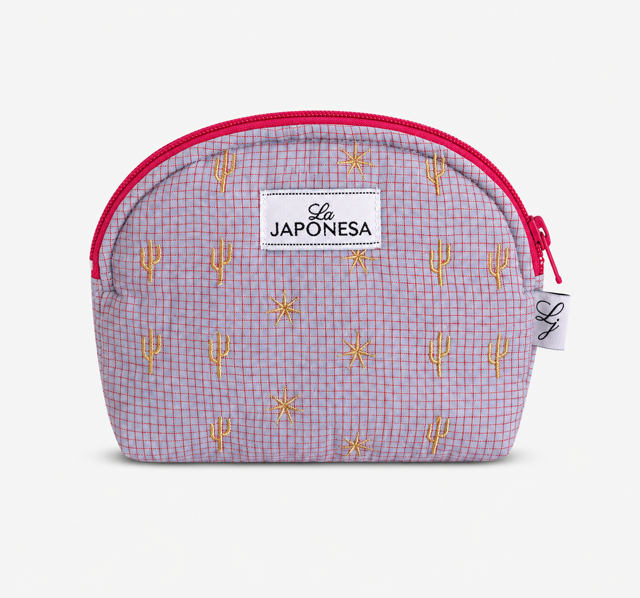 Neceser lila con bordados cactus dorados y cierre fucsia, La Japonesa.