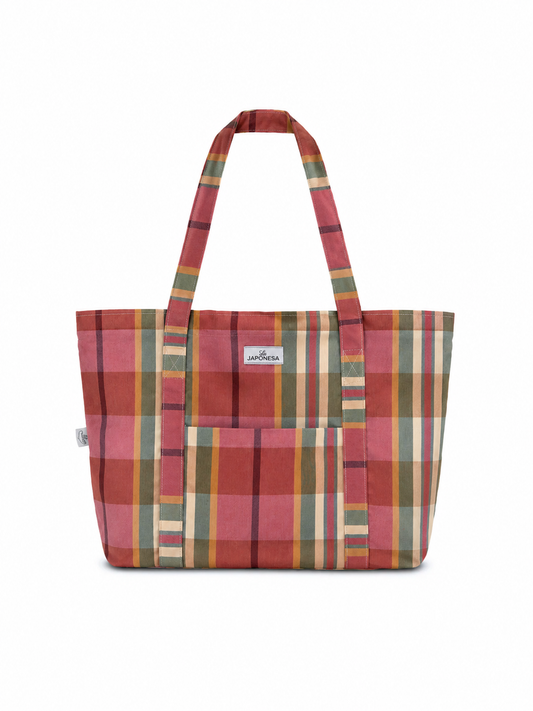 Tote bag tartán rosa vista frontal sobre fondo blanco, La Japonesa